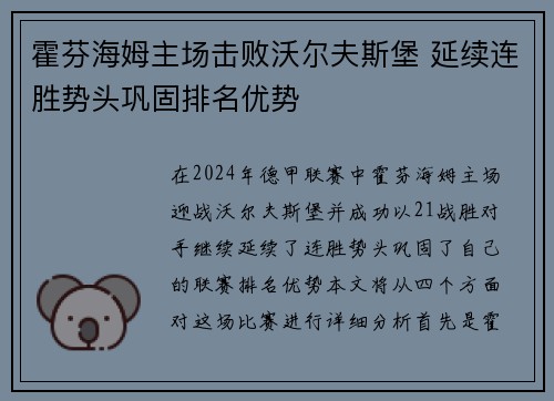 霍芬海姆主场击败沃尔夫斯堡 延续连胜势头巩固排名优势