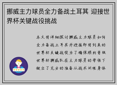 挪威主力球员全力备战土耳其 迎接世界杯关键战役挑战